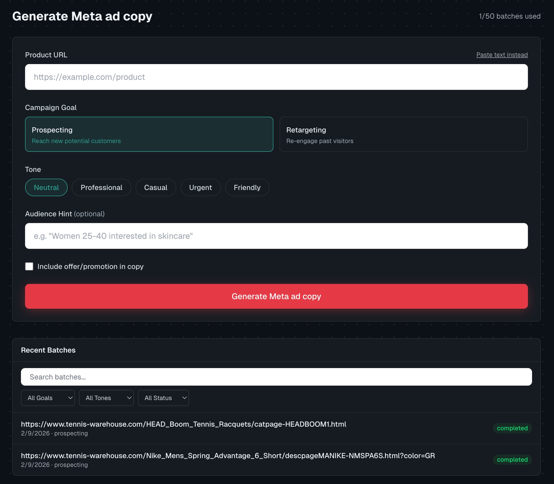 AdPipe dashboard showing ad copy generation interface