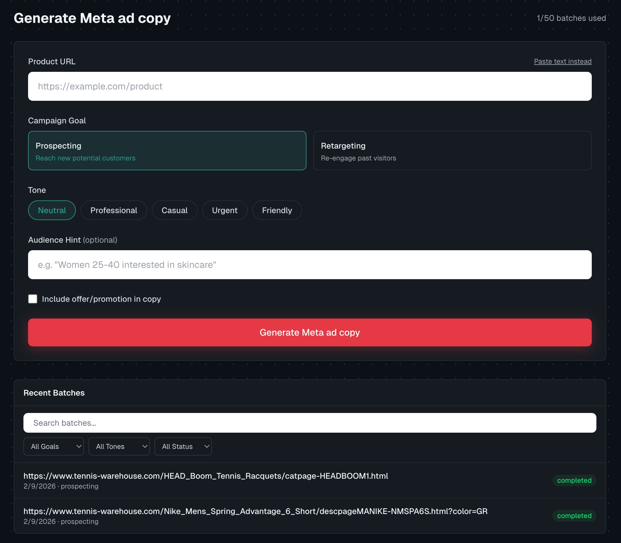 AdPipe dashboard showing ad copy generation interface