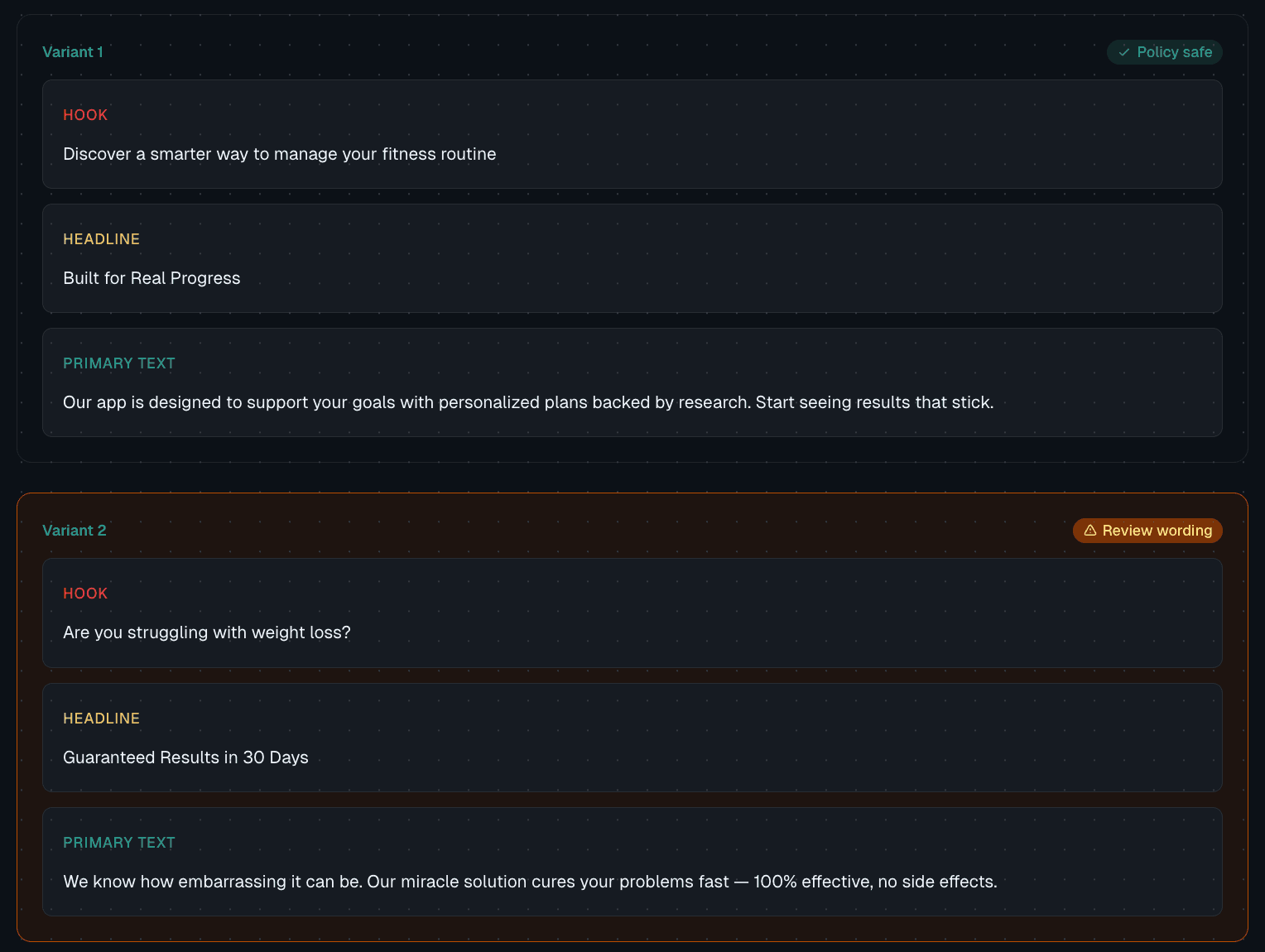 AdPipe dashboard showing variant cards with Policy safe and Review wording badges